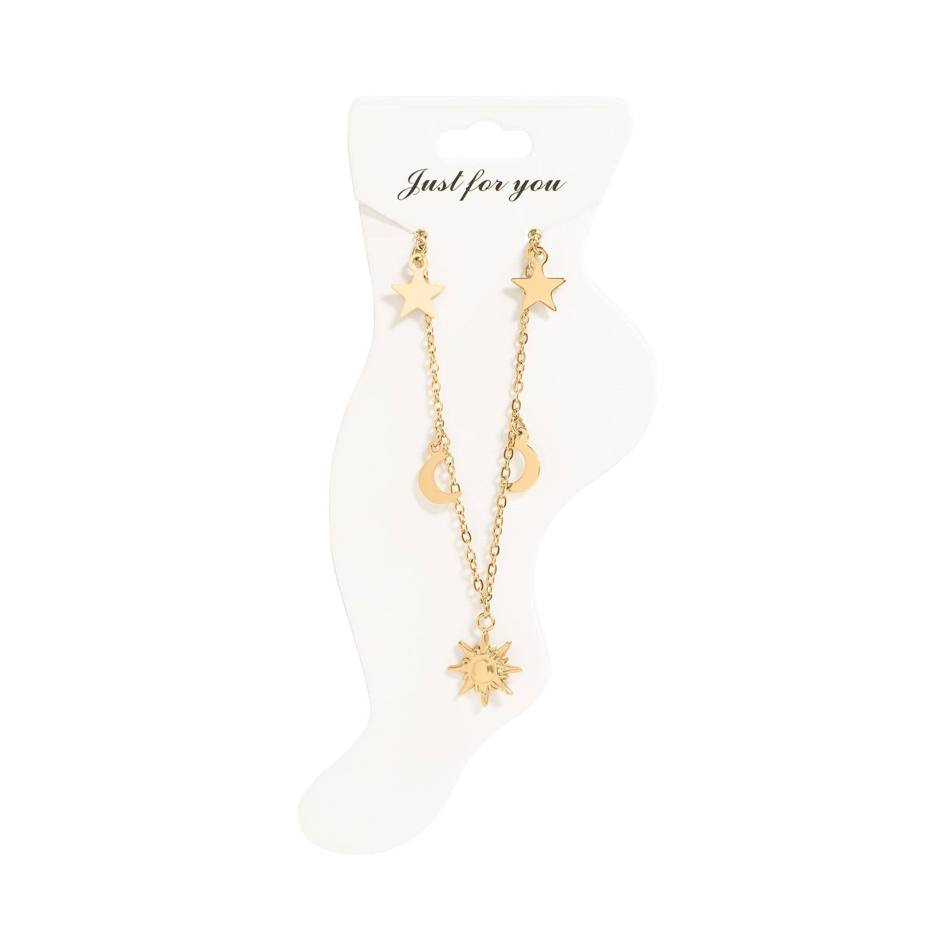 Gold star-shaped earrings on a white card with 'Just for you' text