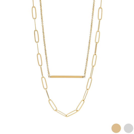 18K Gold PVD Stainless Steel Paperclip Layered Blank Bar Necklace