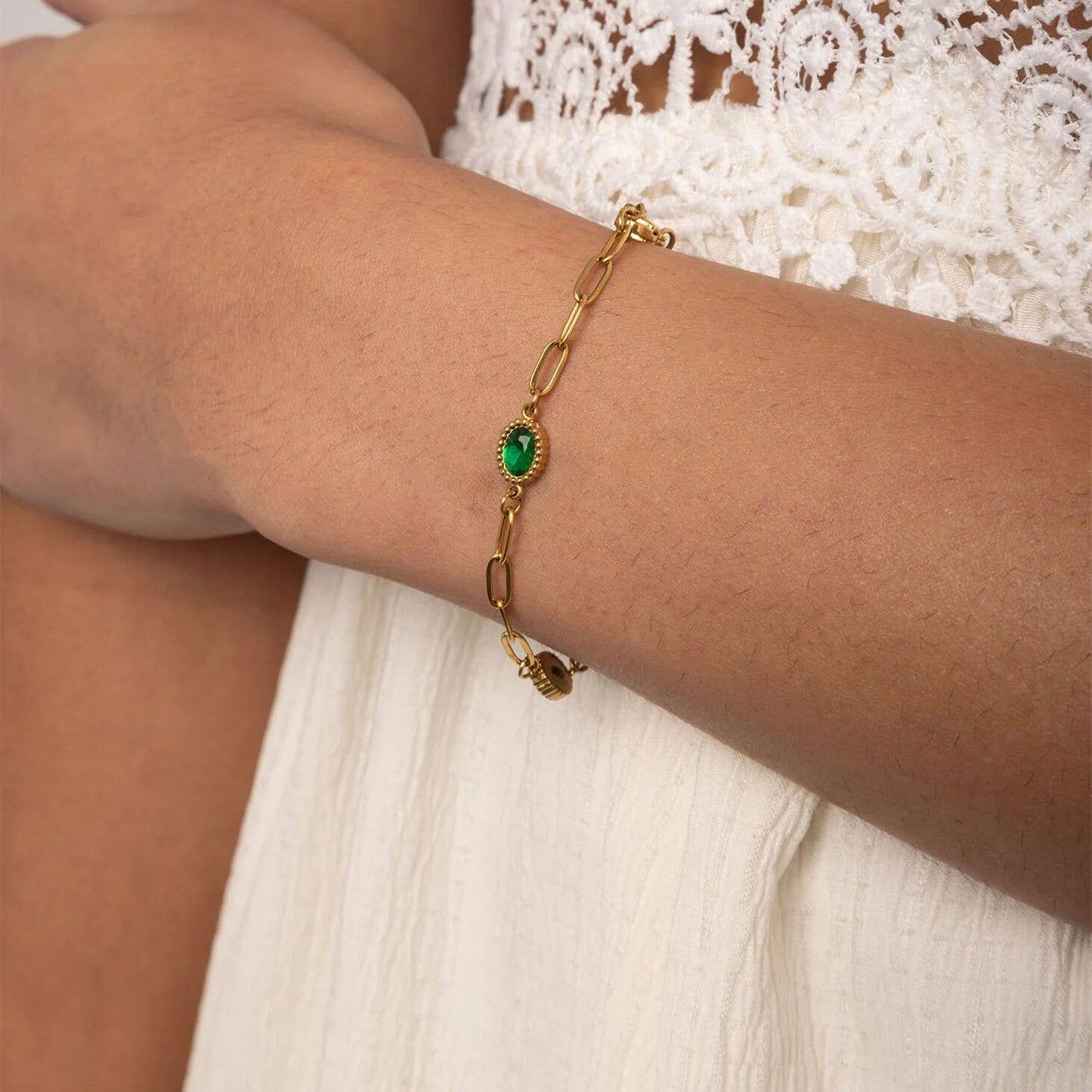 Paperclip Emerald Stone Station Bracelet
