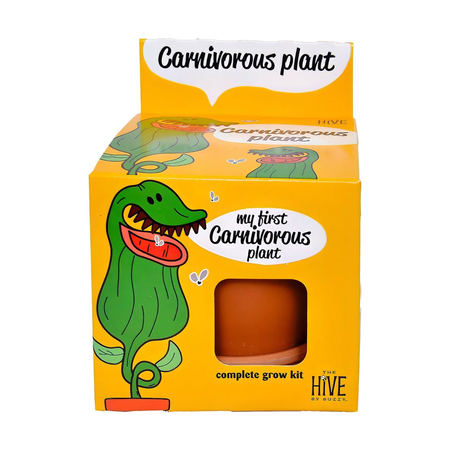 Carnivorous plant grow kit packaging with cartoon design on a white background