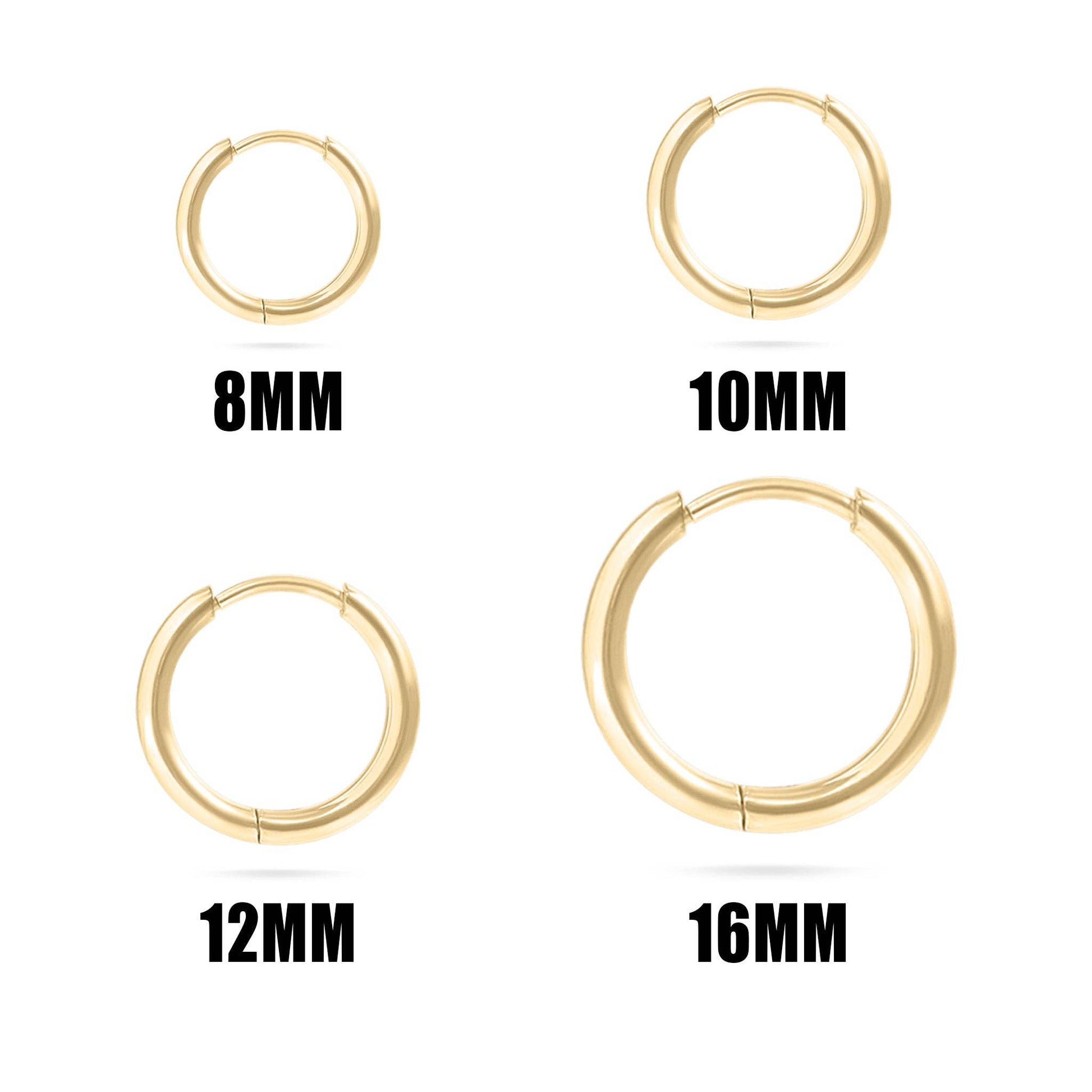 Gold hoop earrings in various sizes on a white background