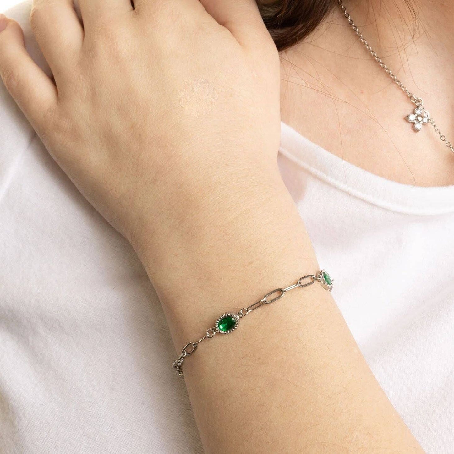 Paperclip Emerald Stone Station Bracelet