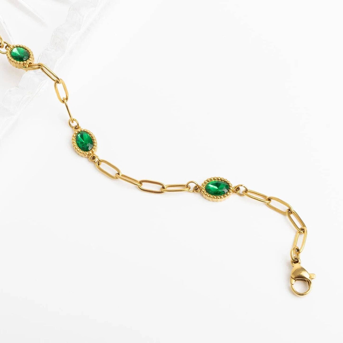 Paperclip Emerald Stone Station Bracelet