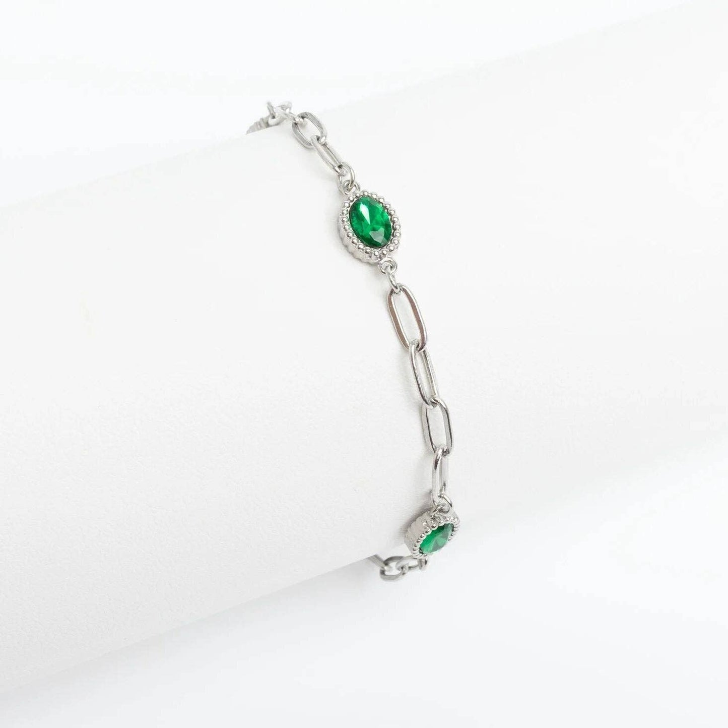 Paperclip Emerald Stone Station Bracelet