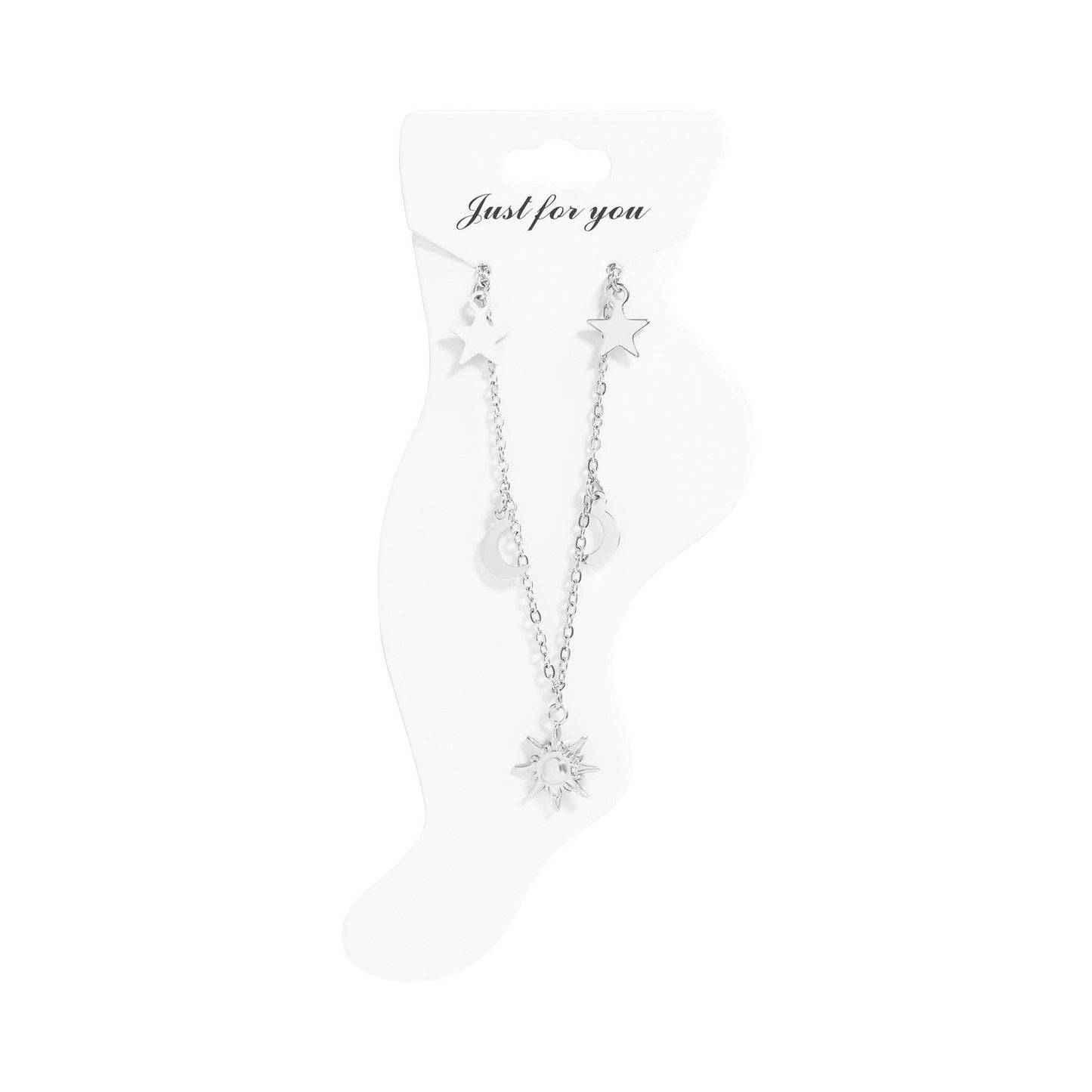 Silver star-shaped earrings on a white background with 'Just for you' text.