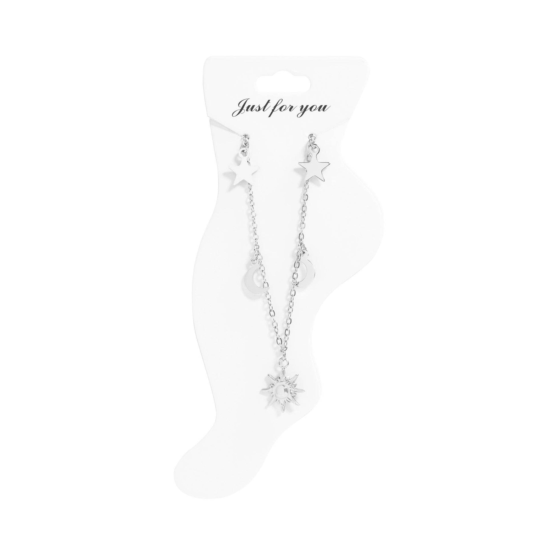Silver star-shaped earrings on a white background with 'Just for you' text.