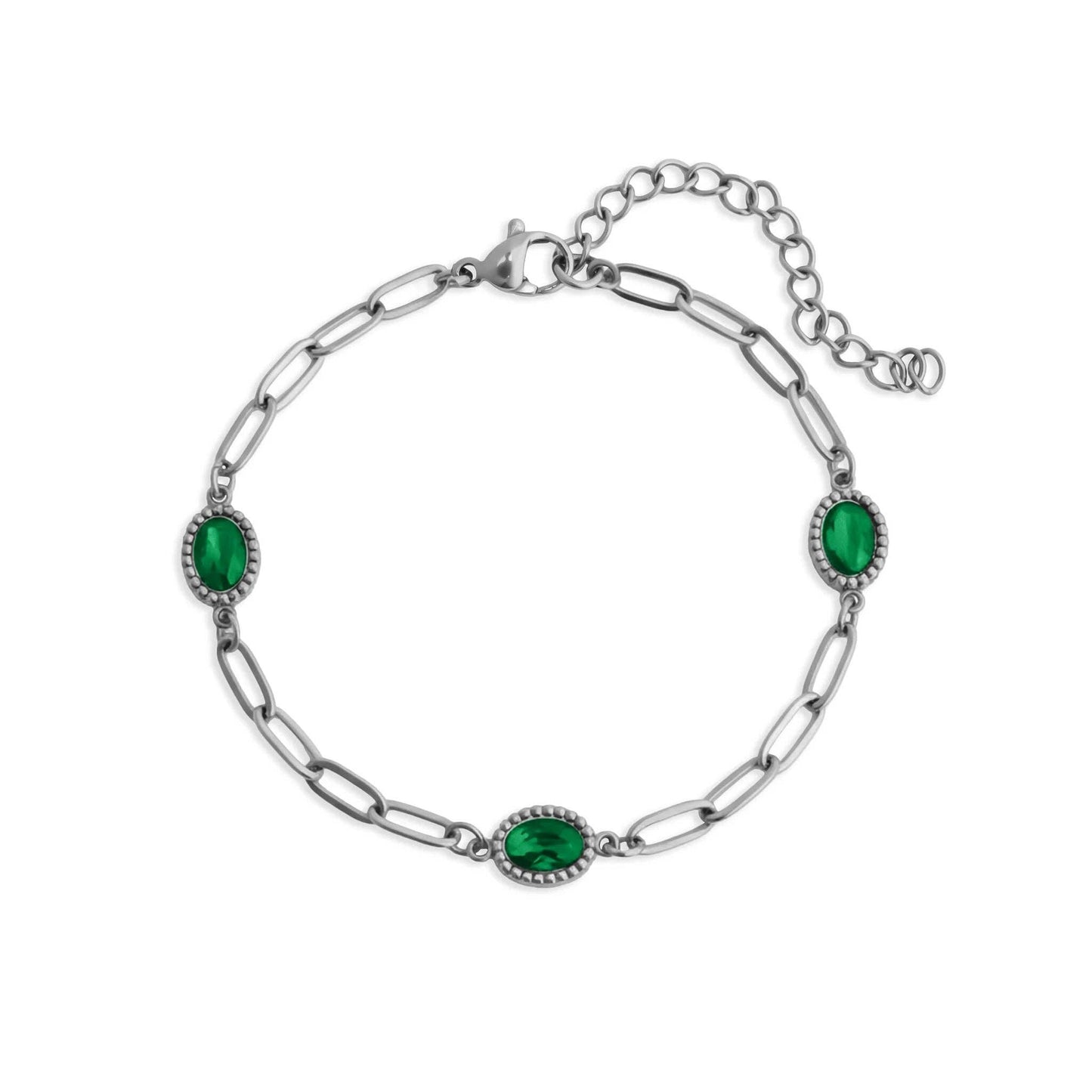 Paperclip Emerald Stone Station Bracelet