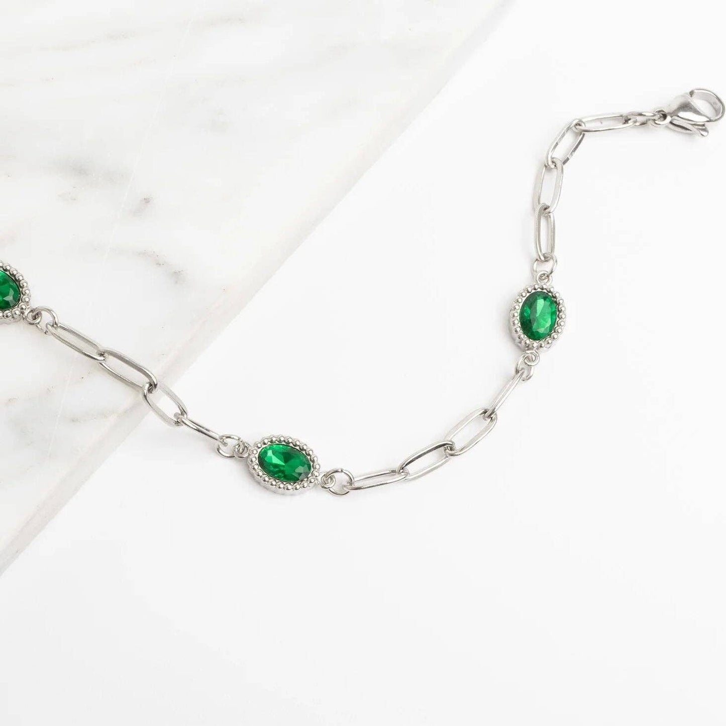Paperclip Emerald Stone Station Bracelet