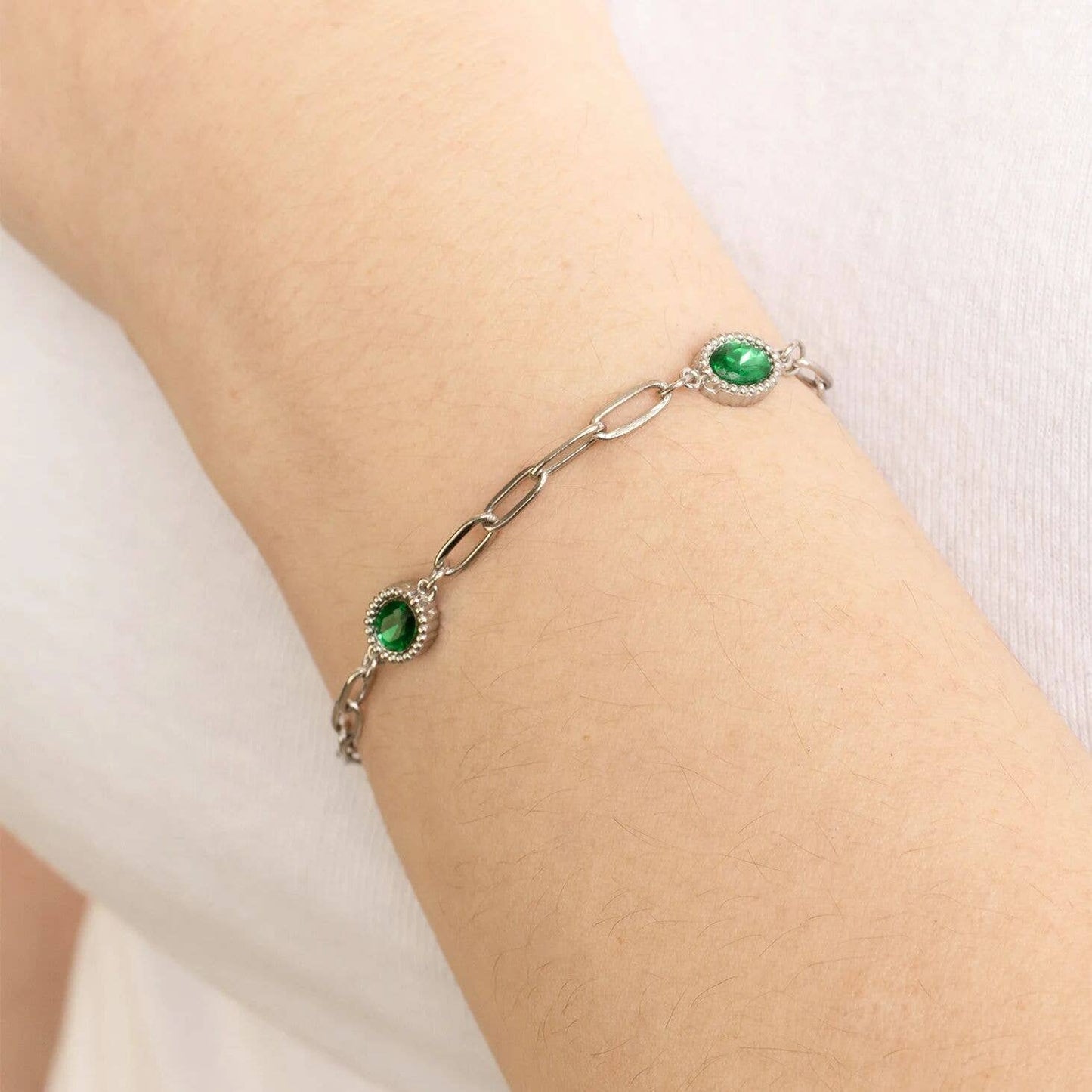 Paperclip Emerald Stone Station Bracelet