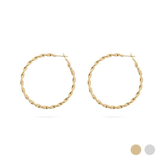 Gold hoop earrings on a white background with color swatches.