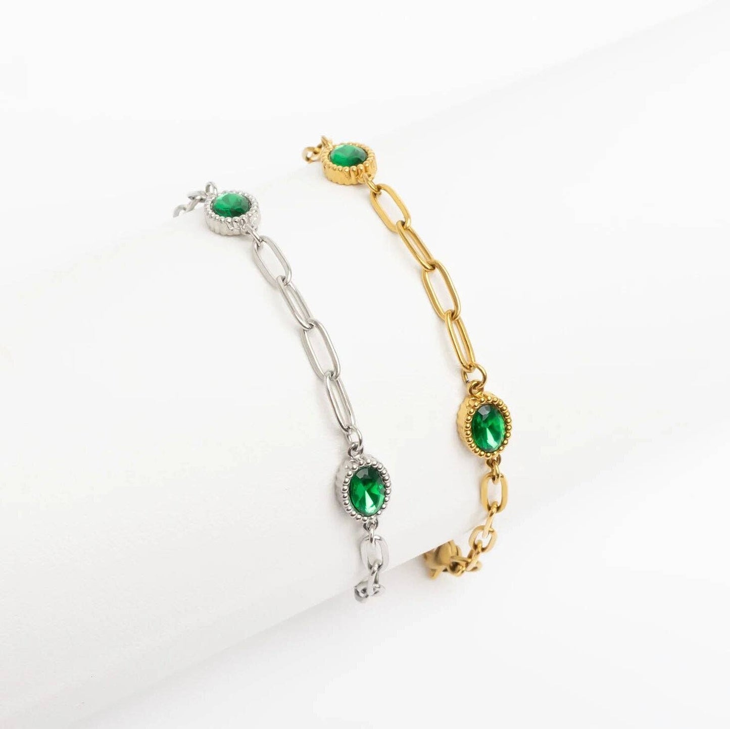 Paperclip Emerald Stone Station Bracelet