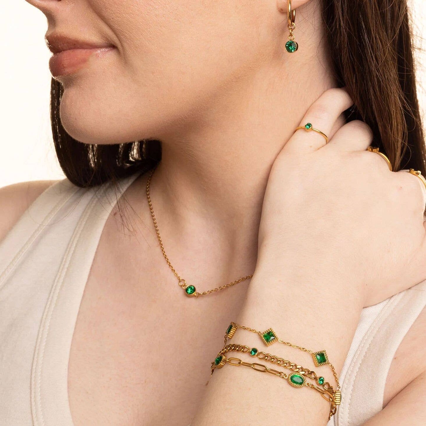Paperclip Emerald Stone Station Bracelet