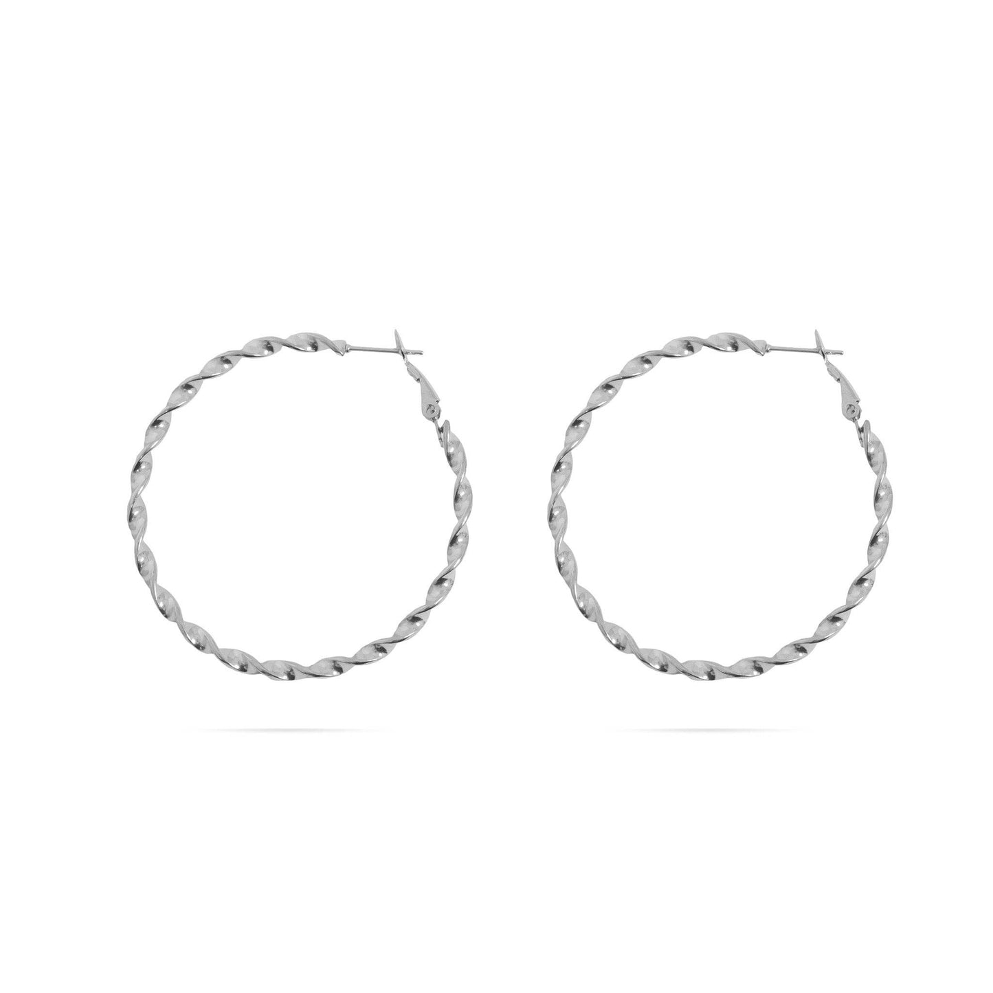 Pair of silver hoop earrings on a white background