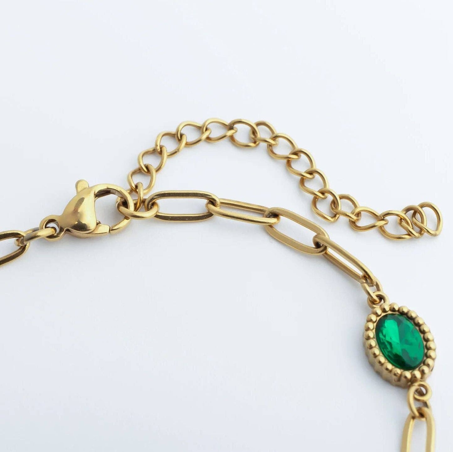 Paperclip Emerald Stone Station Bracelet