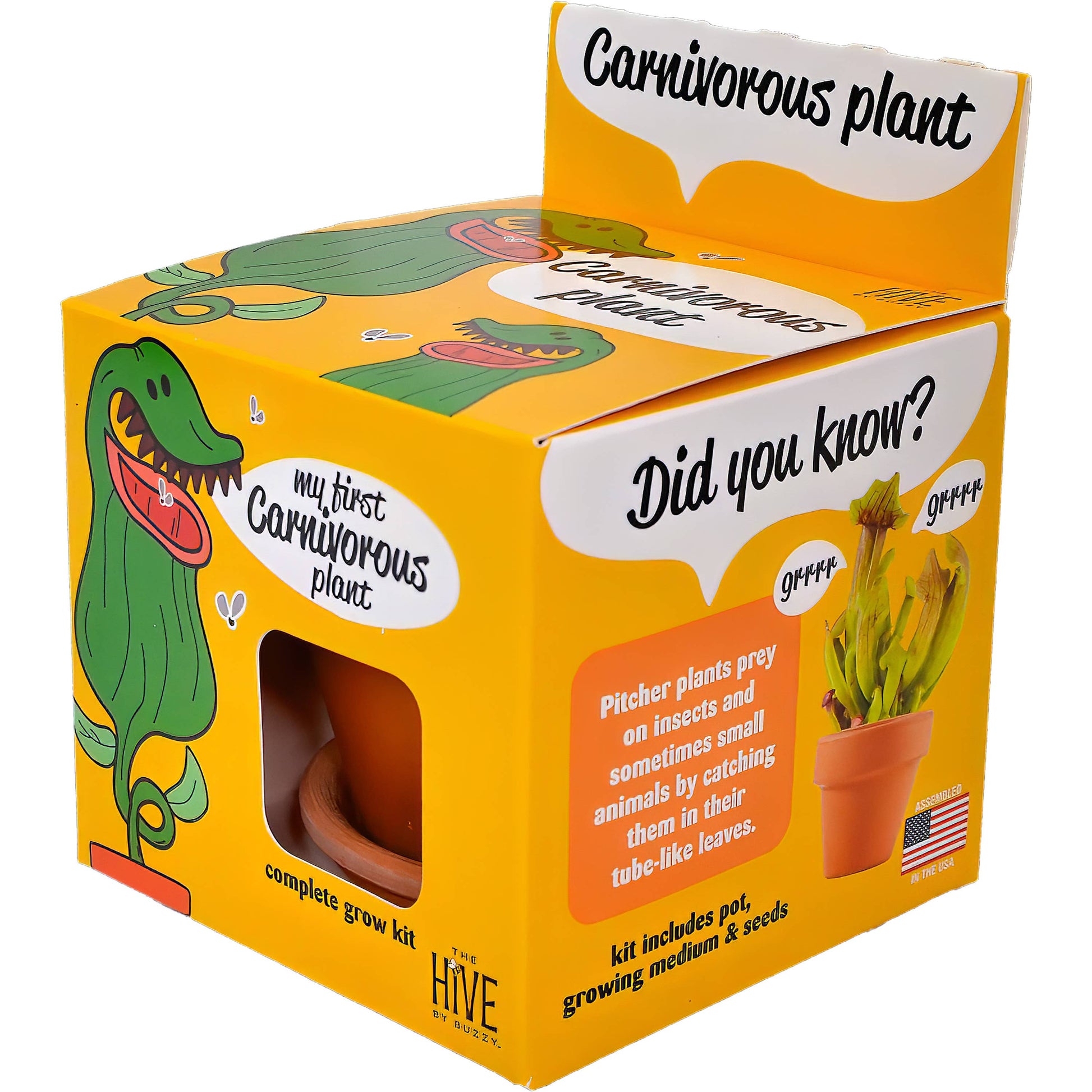Box for a carnivorous plant grow kit with educational text and graphics.