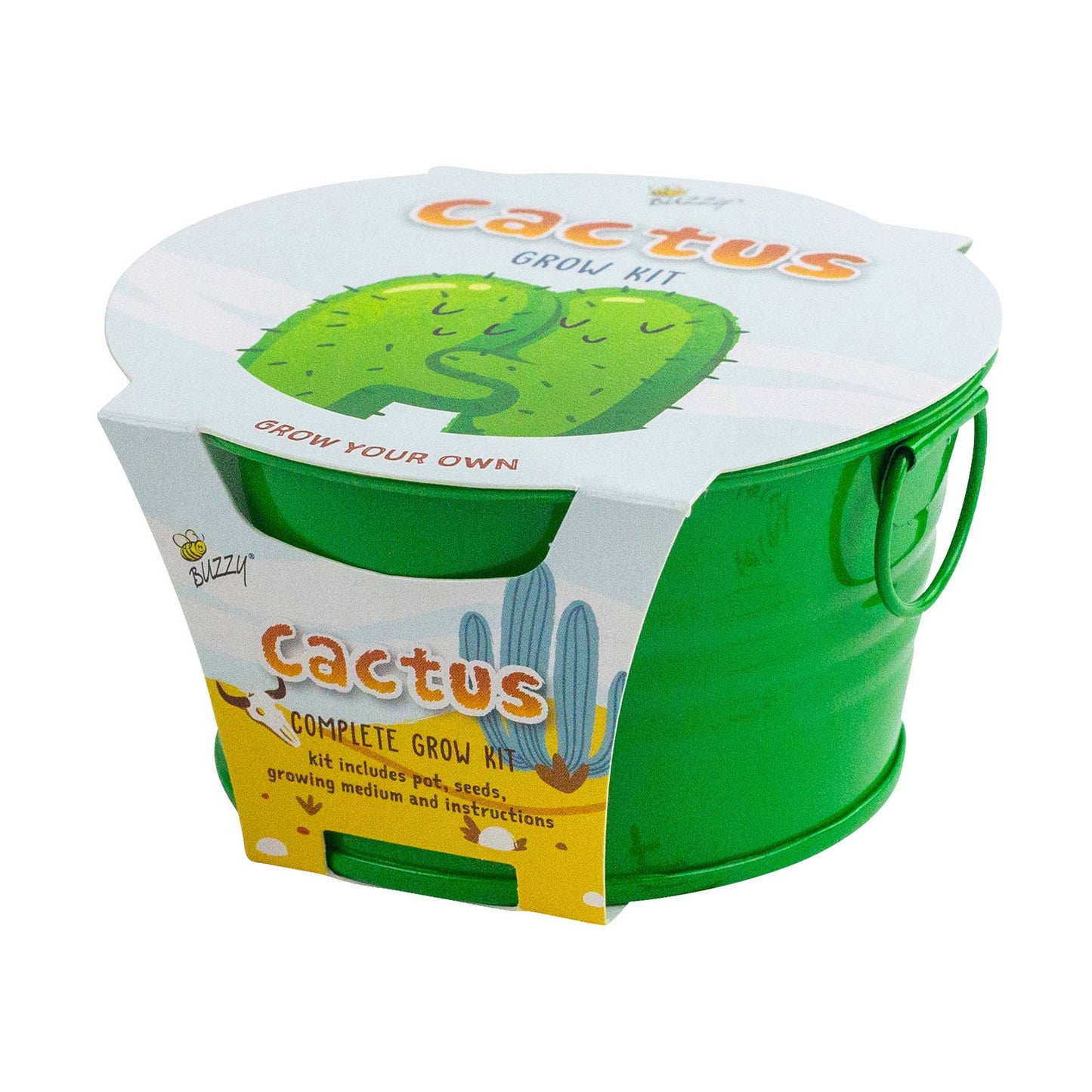 Cactus grow kit packaging with green bucket on a white background