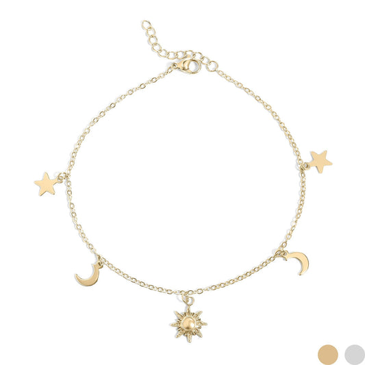 Gold bracelet with star, moon, and sun charms on a white background