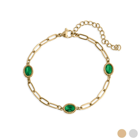 Paperclip Emerald Stone Station Bracelet