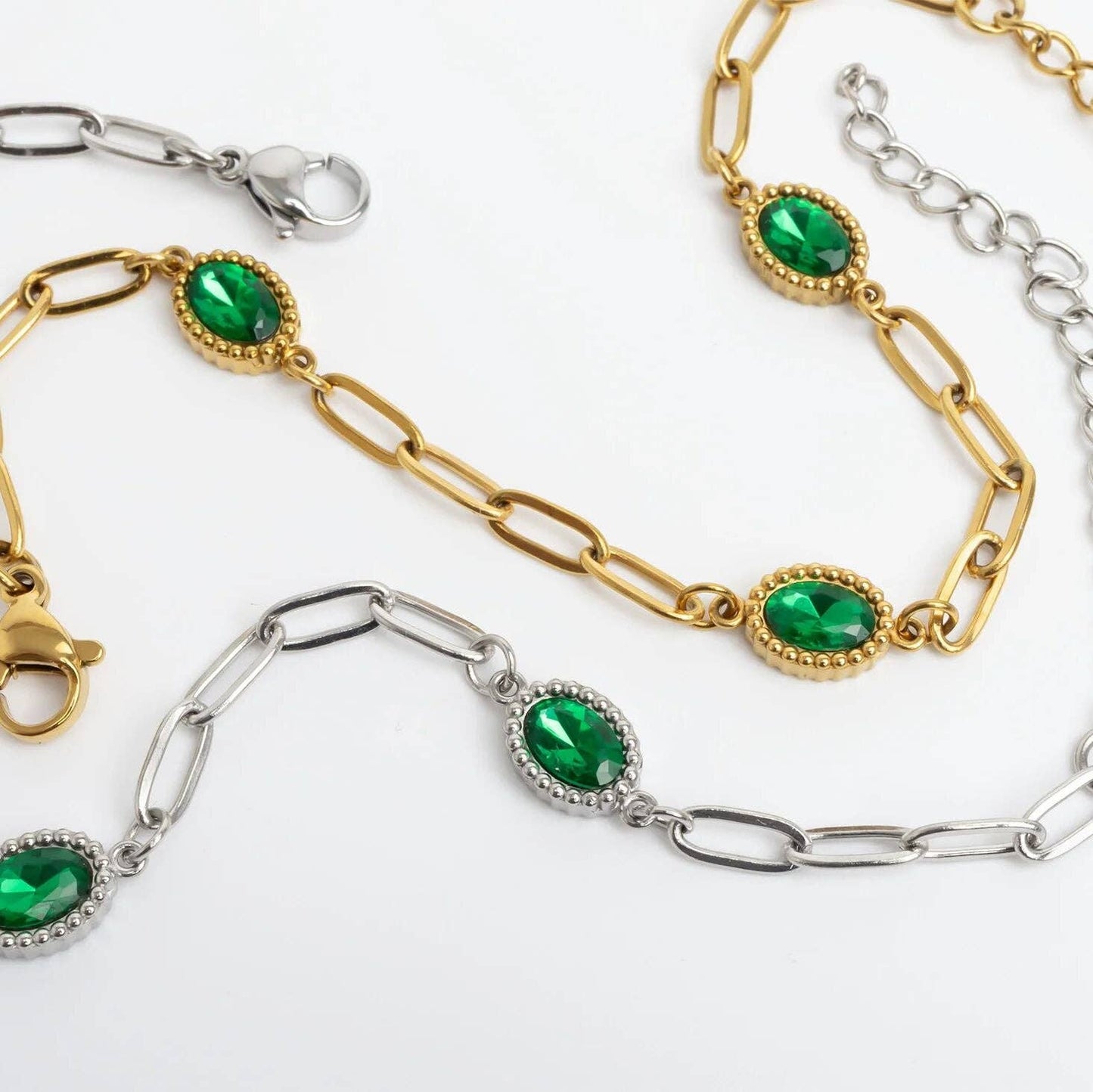 Paperclip Emerald Stone Station Bracelet