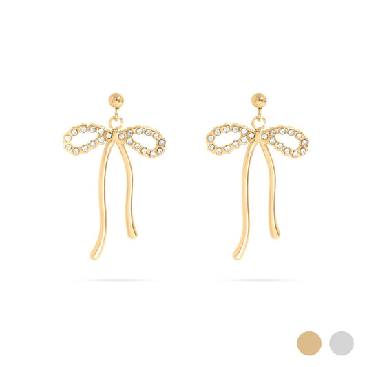 A pair of gold bow-shaped dangling earrings with small clear rhinestone accents, shown on a white background with two color swatches in the bottom right corner.