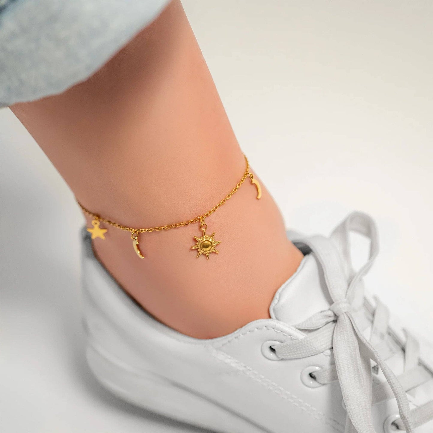 18K Gold PVD Stainless Steel Moon & Star Charm Anklet