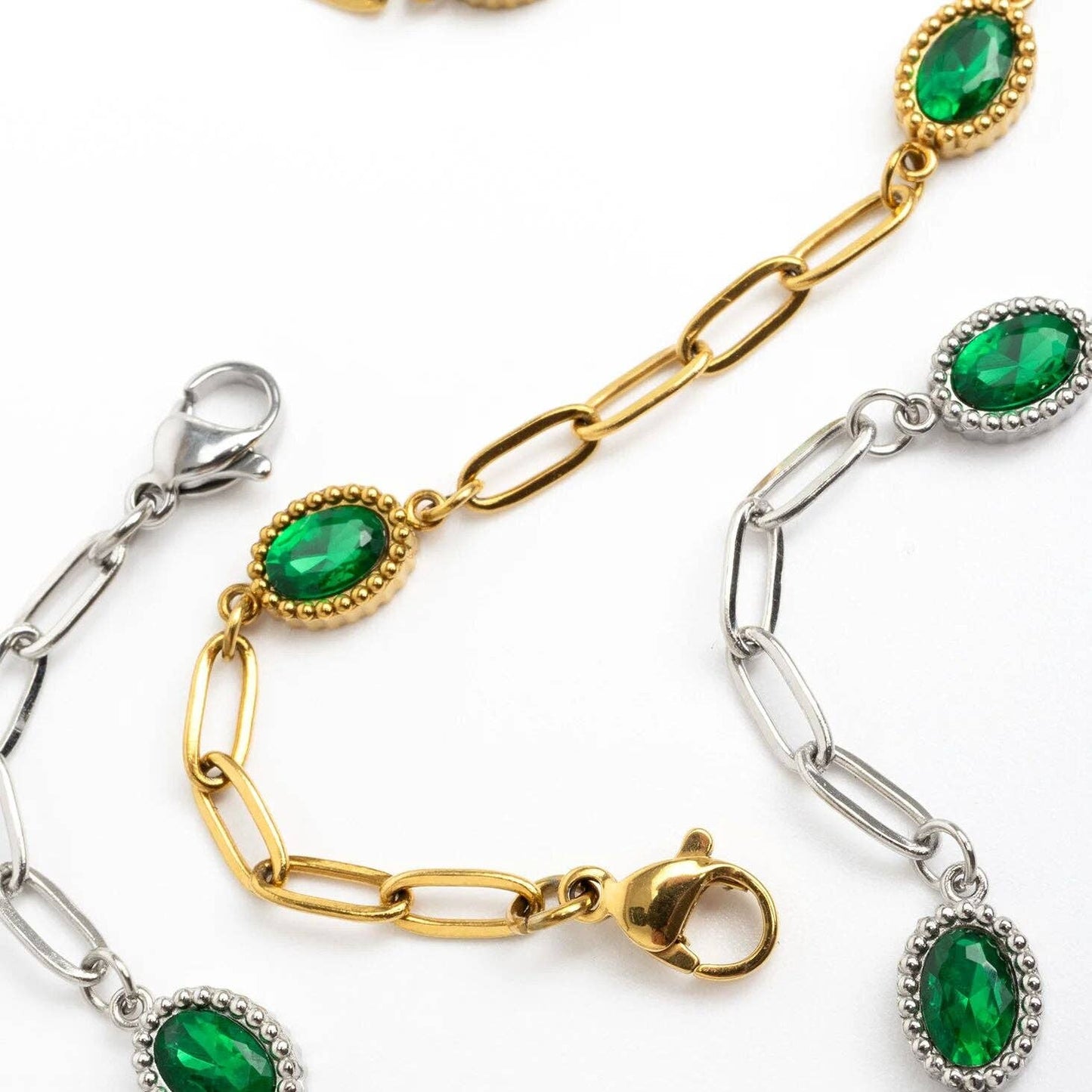 Paperclip Emerald Stone Station Bracelet