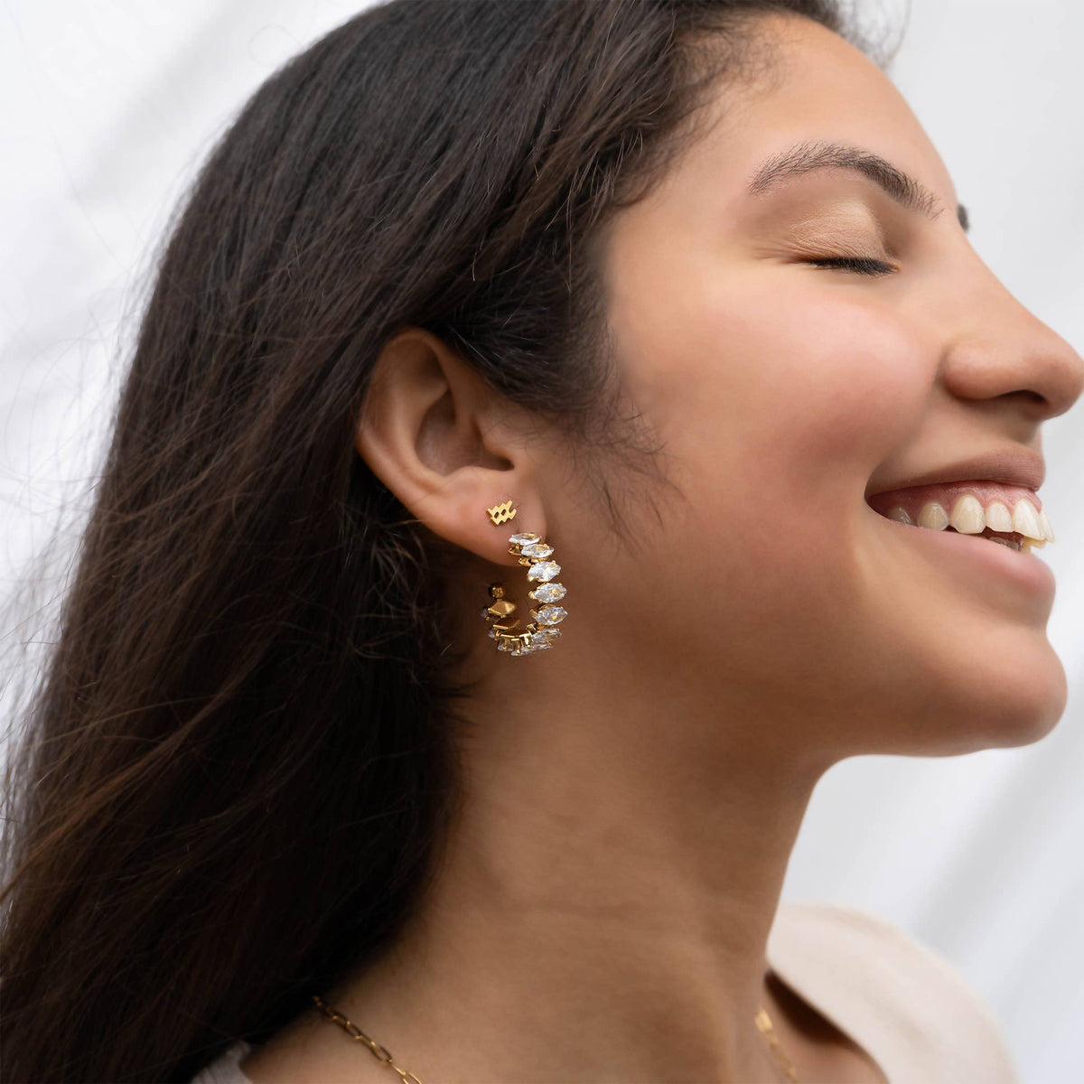 18K Gold PVD Stainless Steel Marquis CZ Stone Hoop Earrings
