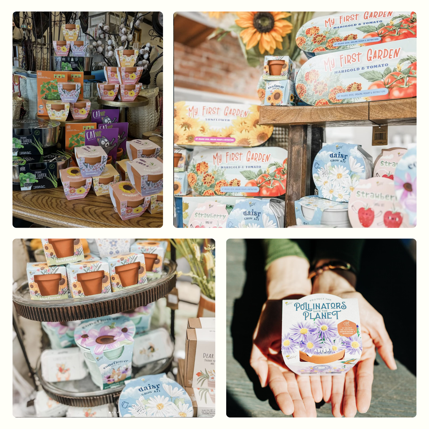 Collage of gardening products including seed packets and planters in a store setting.