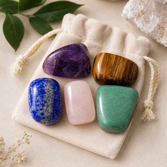 Five polished tumbled crystals in purple, brown, blue, pink, and green are arranged on a cream drawstring pouch with decorative leaves and a crystal cluster in the background.