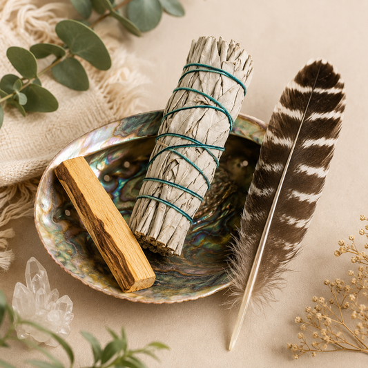 A styled flat-lay featuring a white sage smudge bundle wrapped in teal string, a wooden amulet, and a brown-and-white patterned feather resting on an iridescent abalone shell dish, with eucalyptus leaves and dried flowers around it.