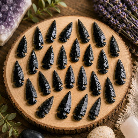 A set of polished black carbon point arrowheads arranged in rows on a round natural wood slice, styled with crystals and dried lavender on a rustic wooden surface.