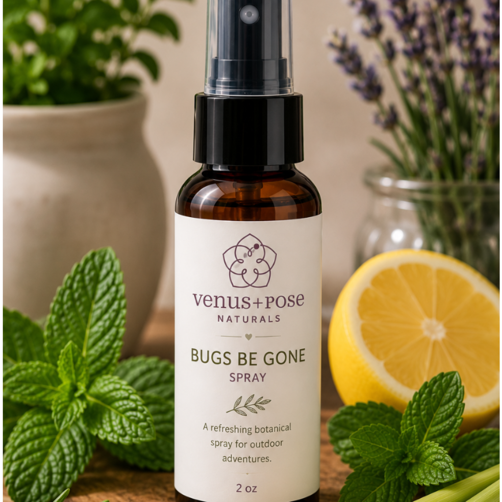 Venus + Pose Naturals 'Bugs Be Gone' spray bottle displayed on a rustic wood slice, surrounded by fresh botanical ingredients including mint leaves, rosemary, lemongrass, a lemon half, and potted plants in the background.
