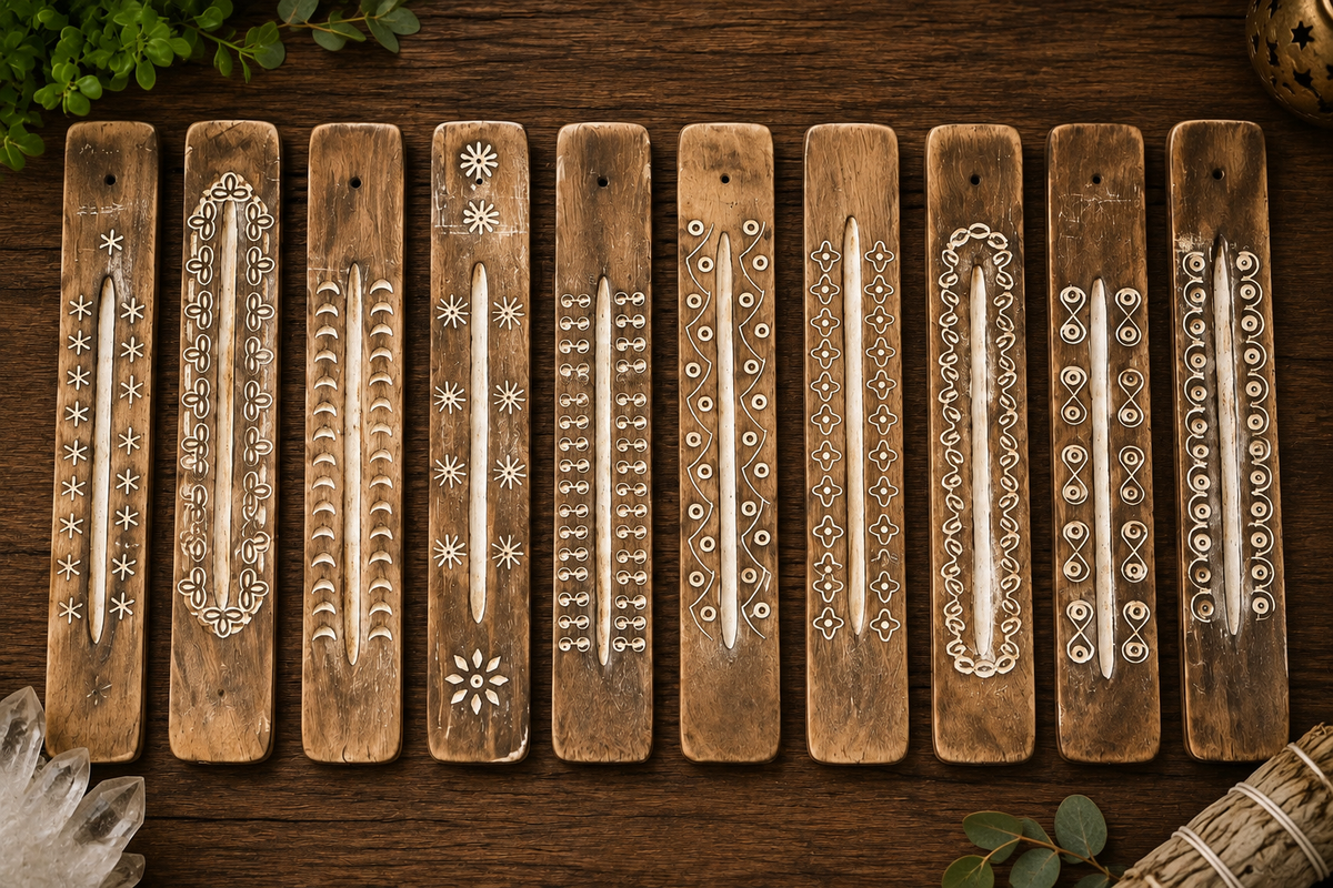 Ten rectangular wooden cards or strips with engraved white geometric and floral patterns, arranged in a row on a dark wooden surface.