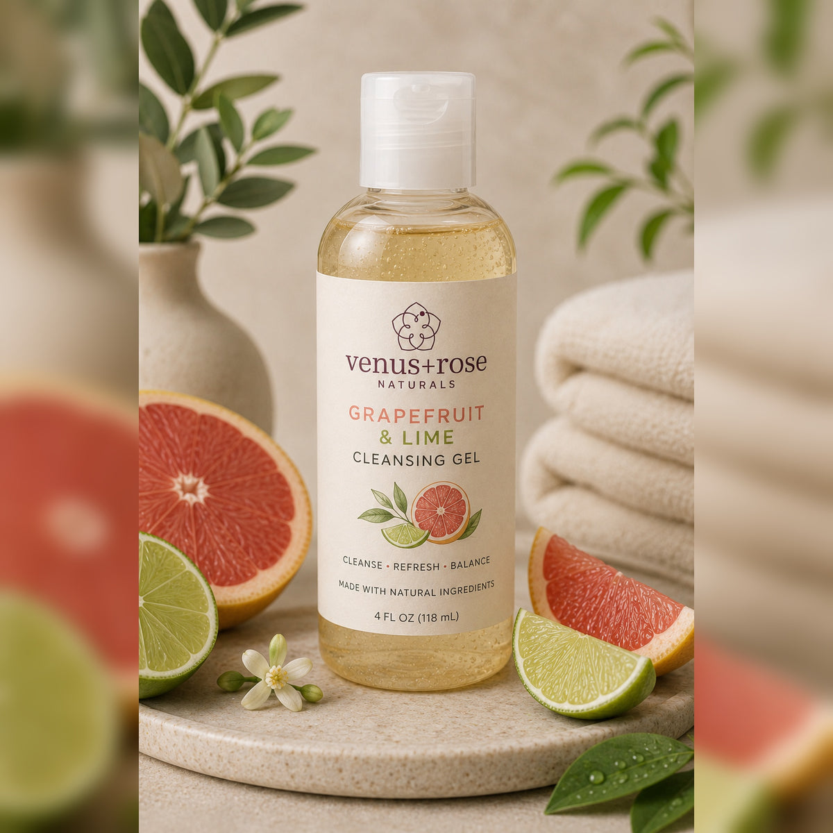 A bottle of Venus+Rose Naturals Grapefruit & Lime Cleansing Gel stands on a stone tray with grapefruit slices, limes, and folded towels in the background.