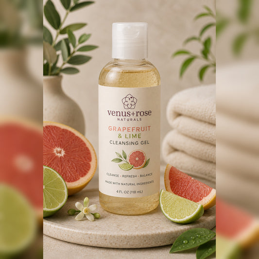 A bottle of Venus+Rose Naturals Grapefruit & Lime Cleansing Gel stands on a stone tray with grapefruit slices, limes, and folded towels in the background.