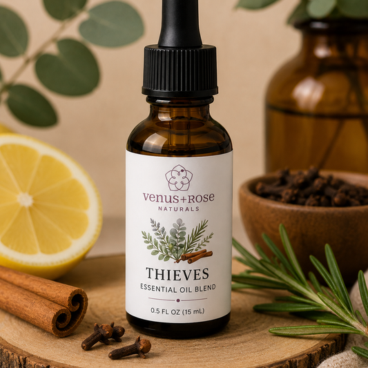 A 0.5 fl oz amber glass dropper bottle of Venus+Rose Naturals Thieves Essential Oil Blend, styled on a wooden slice with a lemon slice, cinnamon stick, cloves, rosemary sprig, and a dark amber bottle in the background.