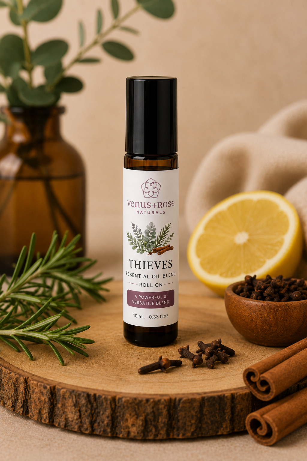 A bottle of Venus + Rose Naturals Thieves Essential Oil Roll On stands on a rustic wooden slice, surrounded by rosemary, cloves, cinnamon, a lemon half, and a small bowl of cloves, with a warm neutral background.
