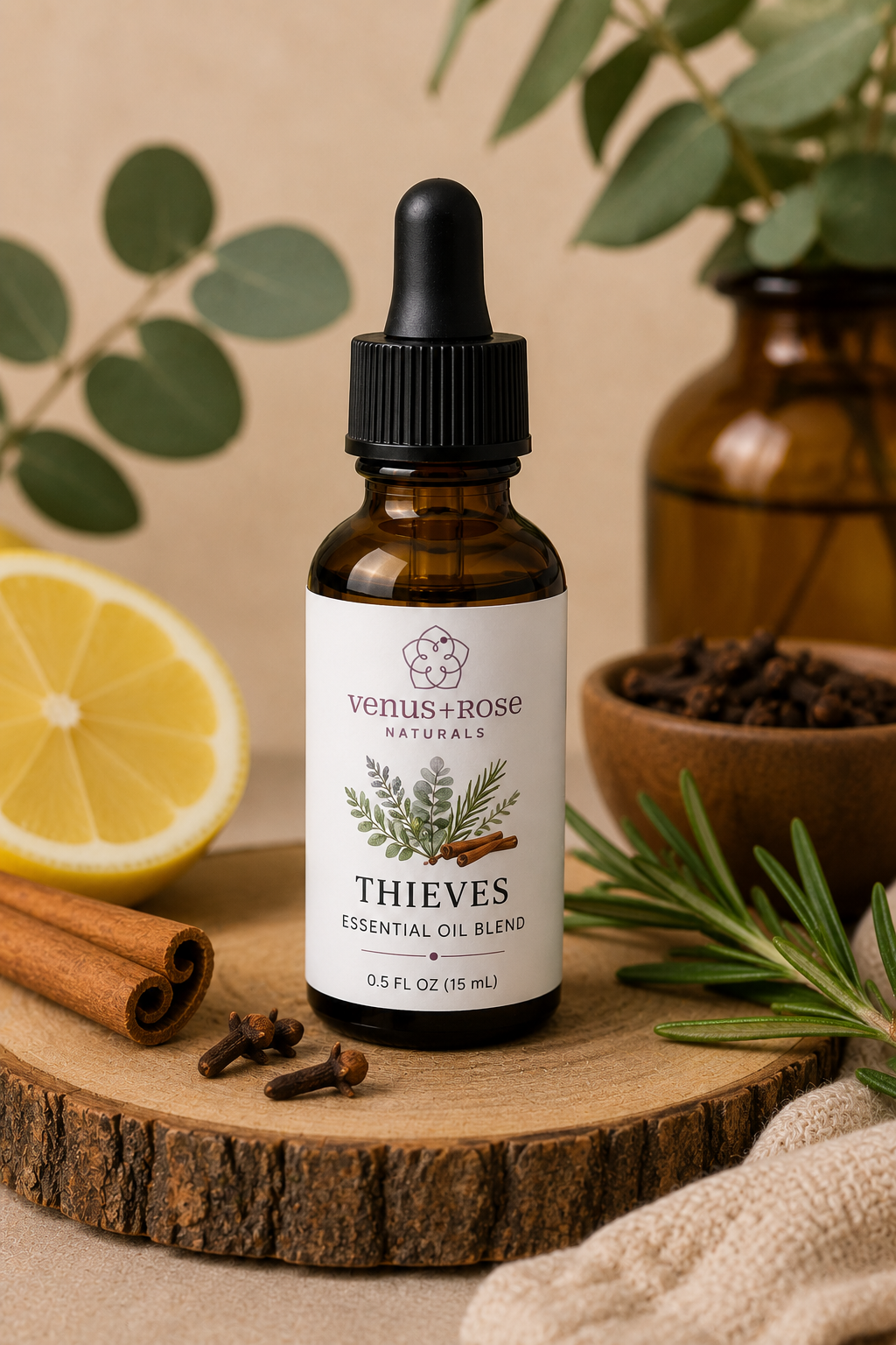 A bottle of Venus+Rose Naturals 'Thieves' essential oil blend, styled on a rustic wooden slice with a lemon half, cinnamon stick, cloves, rosemary sprig, and a warm neutral background.