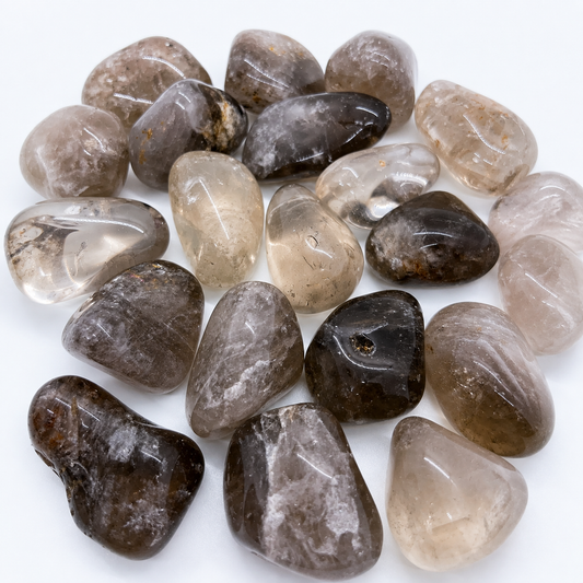 A group of polished tumbled gemstones in various shades of smoky gray, translucent clear, and dark brown, arranged on a plain white background. Smoky Quartz