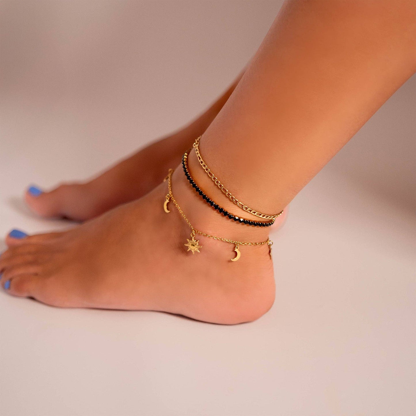 18K Gold PVD Stainless Steel Moon & Star Charm Anklet