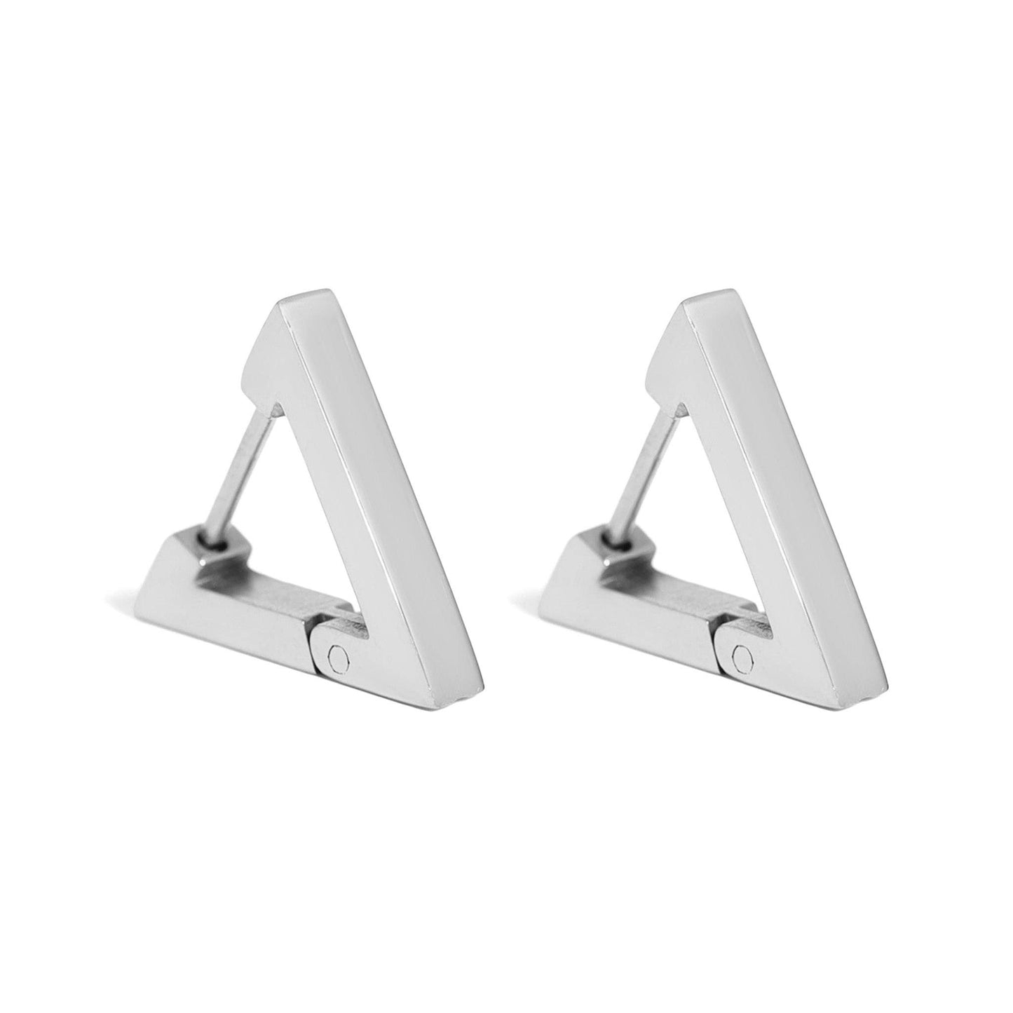Pair of silver triangle-shaped earrings on a white background