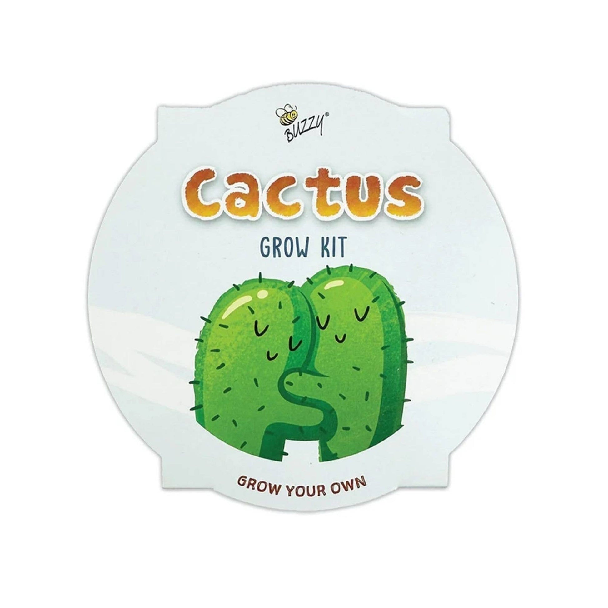 Cactus grow kit packaging with cartoon cacti on a white background