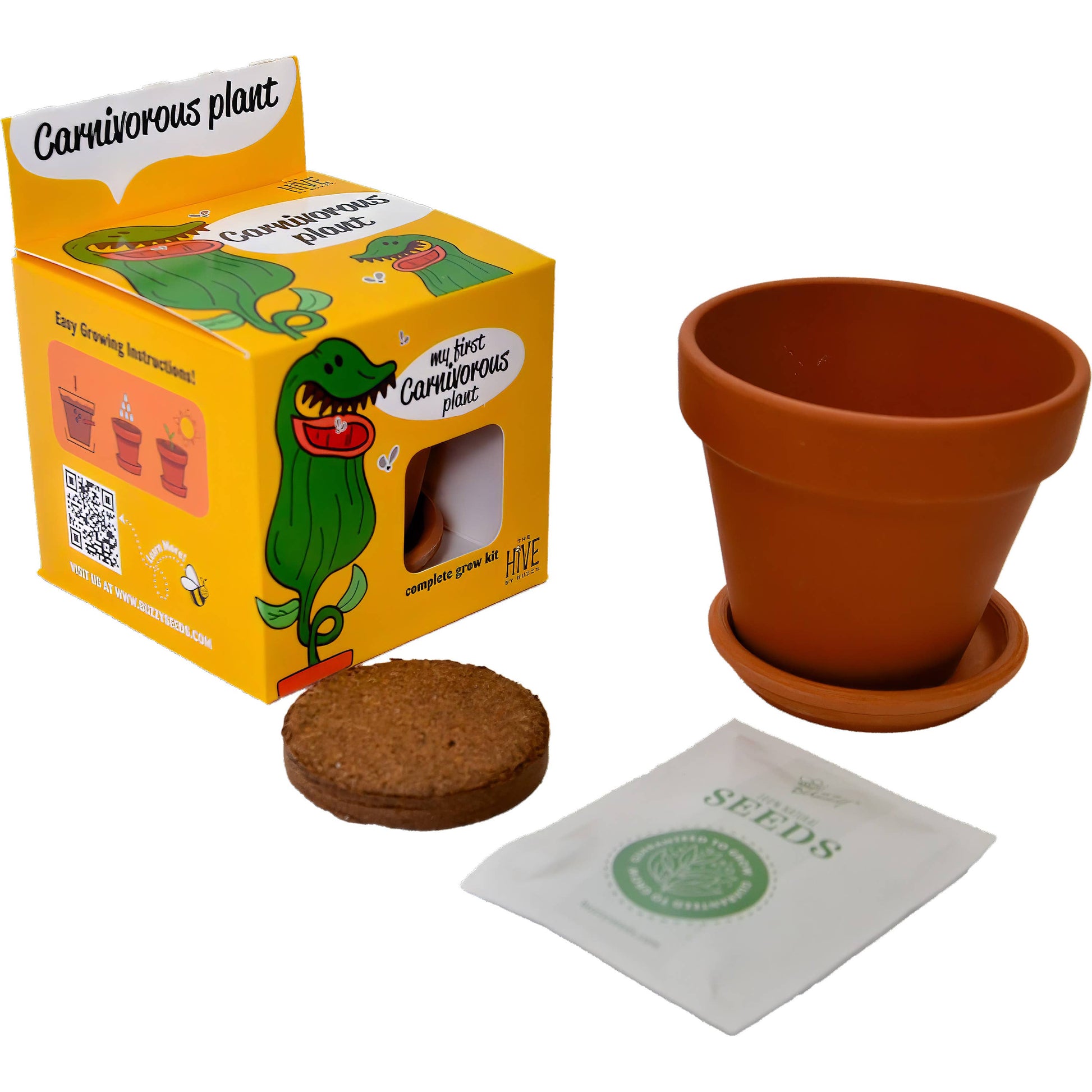 Carnivorous plant kit with packaging, pot, cork, and seeds on a white background