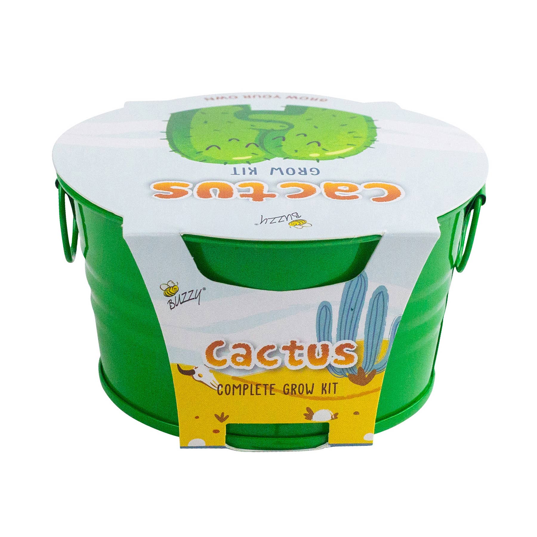 Green cactus grow kit with a white lid on a white background