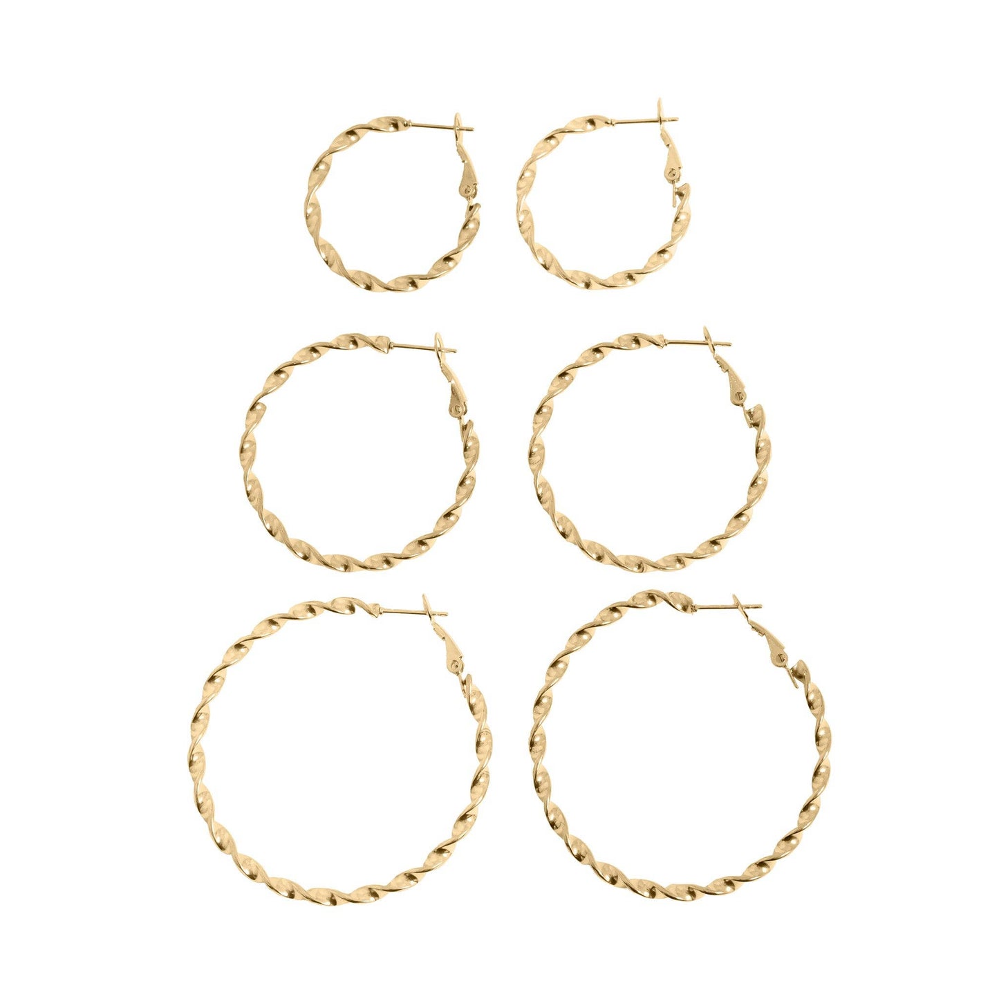 Set of gold hoop earrings on a white background