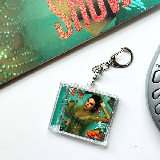 Keychain in the shape of a mini CD with a cover design on a white background